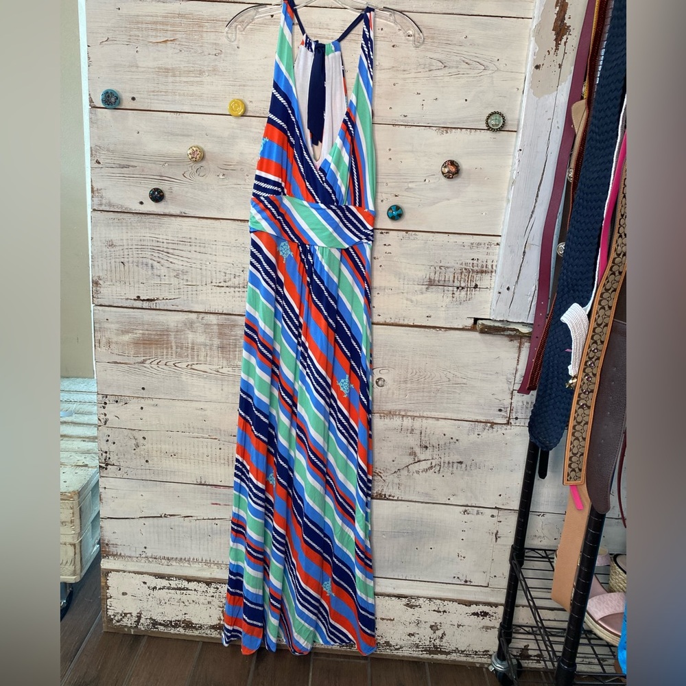 Lilly Pulitzer Striped Halter Maxi Dress in Blue, Orange, Green, White